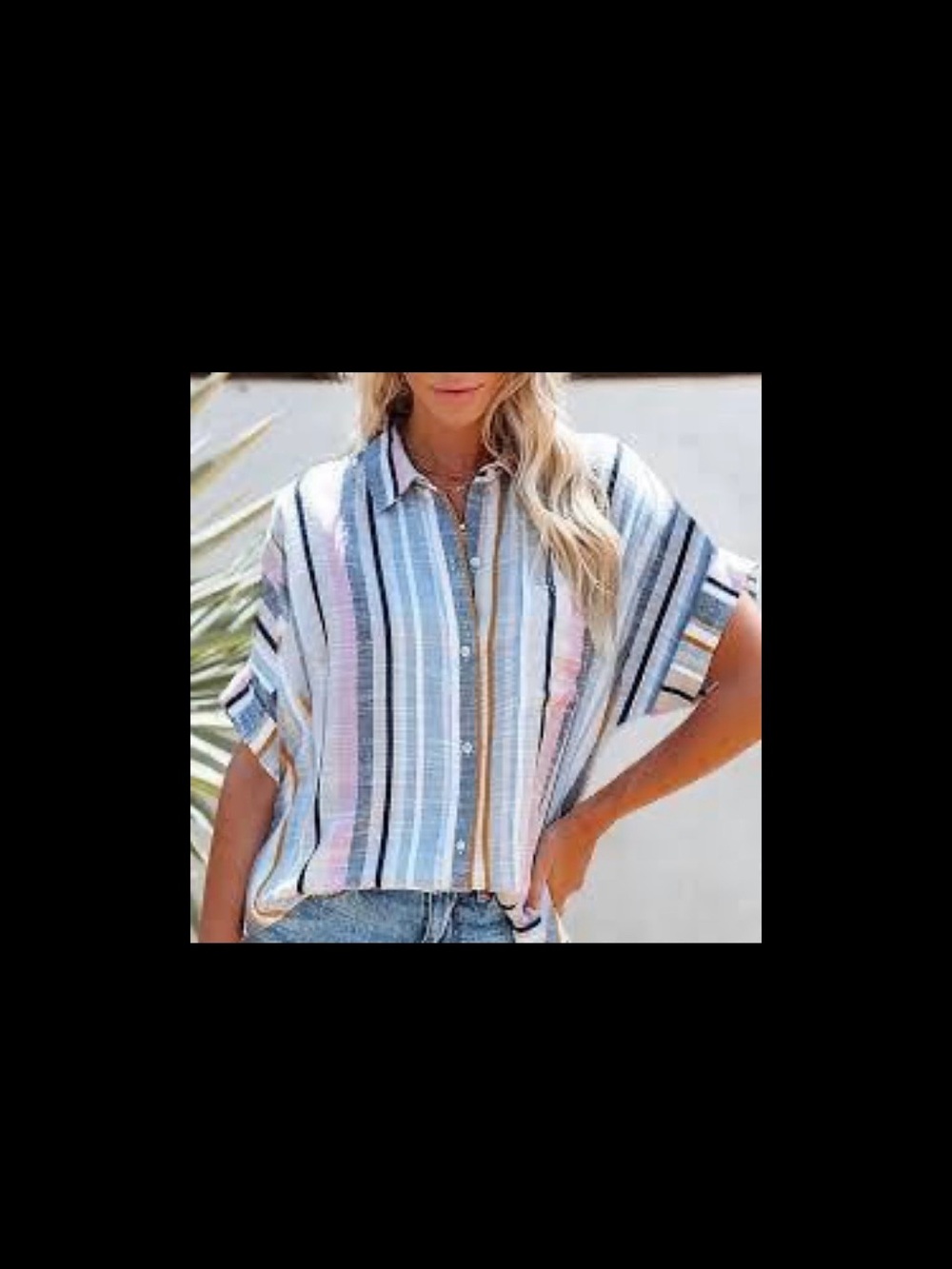 Striped Button‑Front Short Sleeve Top in Pastel Multicolor 1X